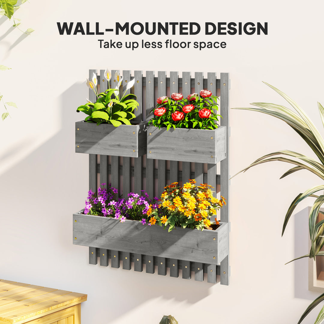 Wall-mounted Wooden Garden Planters with Trellis, Drainage Holes and 3 Planter Boxes for Patio, Grey