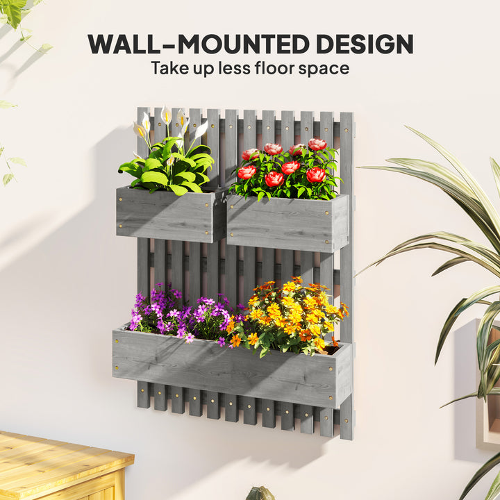 Wall-mounted Wooden Garden Planters with Trellis, Drainage Holes and 3 Planter Boxes for Patio, Grey