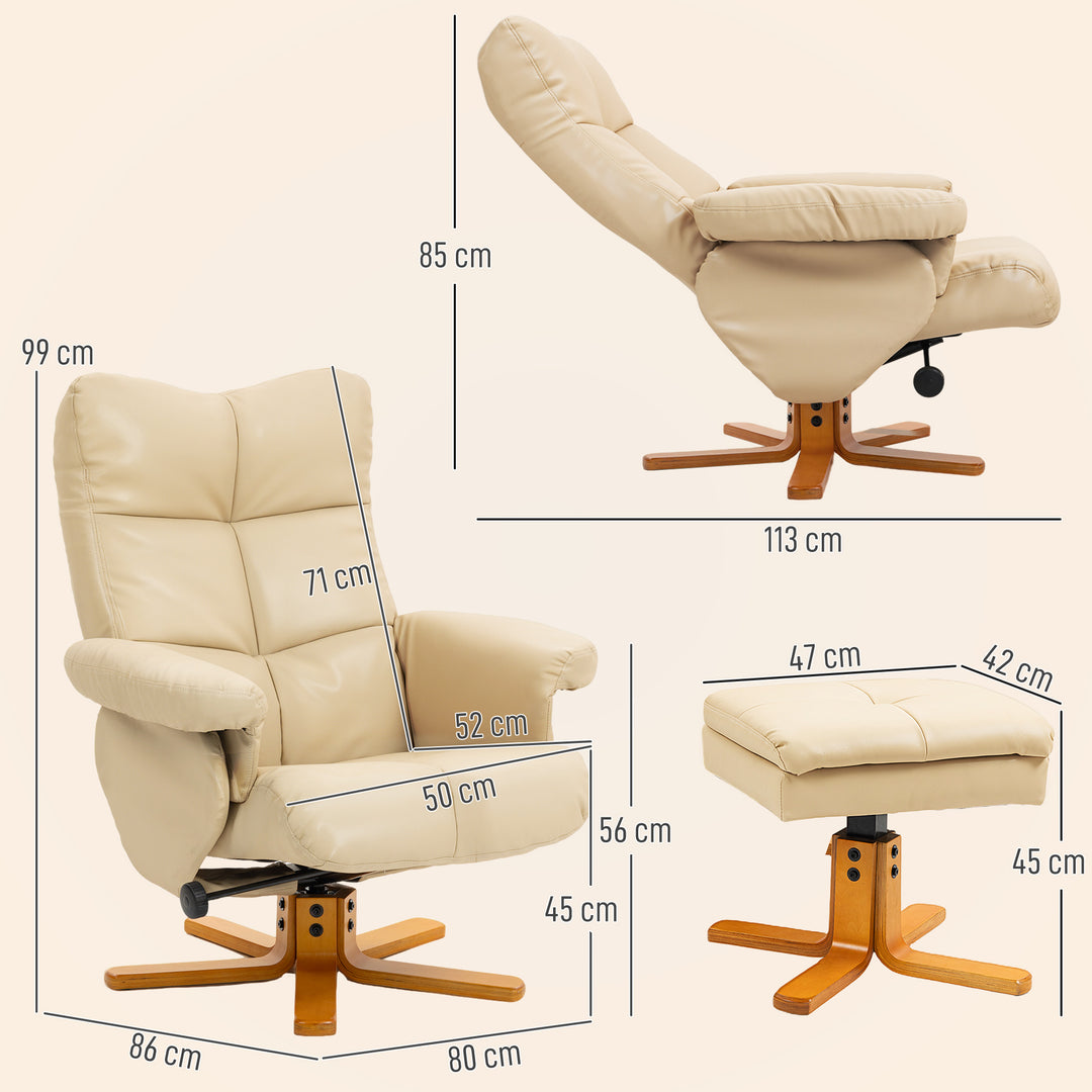MCL PU Leather Swivel Recliner Chair with Footstool, Wooden Base and Storage for Living Room, Beige
