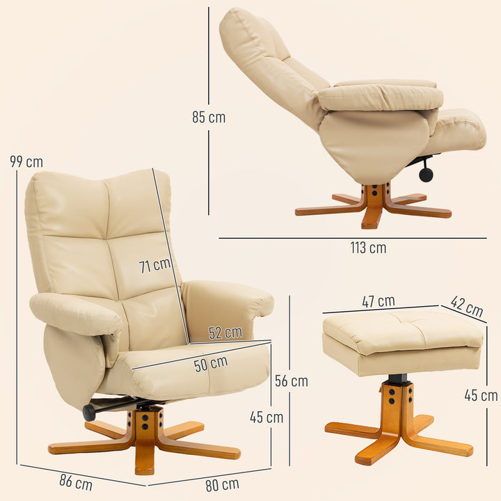 MCL PU Leather Swivel Recliner Chair with Footstool, Wooden Base and Storage for Living Room, Beige
