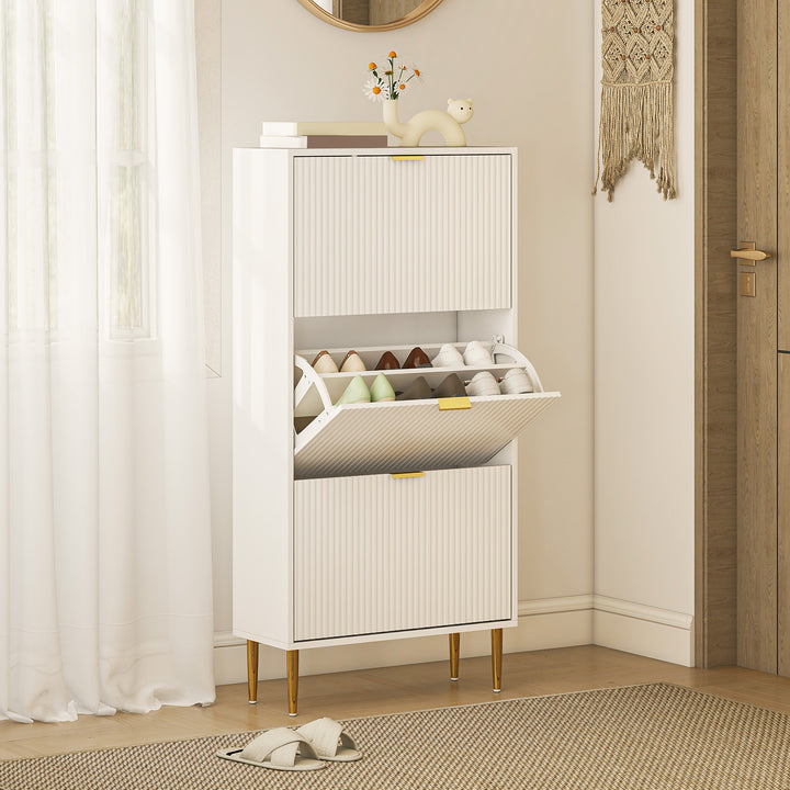 Narrow Shoe Cabinet with 3 Flip Drawers - White
