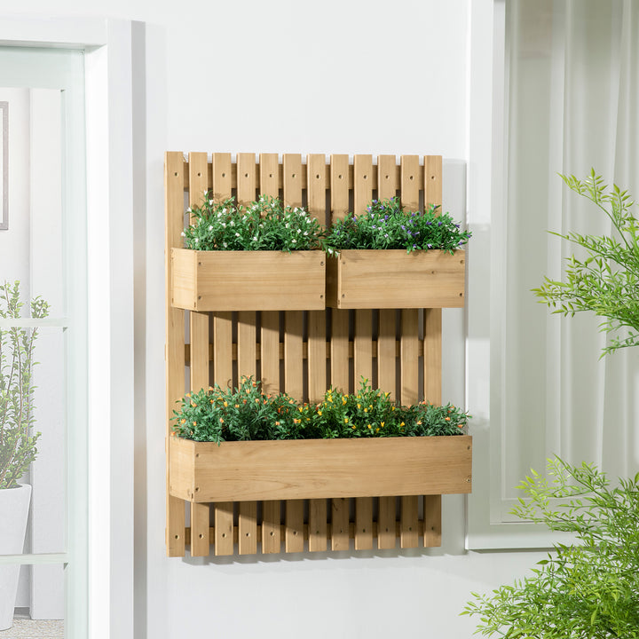 Wall-mounted Wooden Garden Planters with Trellis, Drainage Holes and 3 Planter Boxes for Patio, Natural