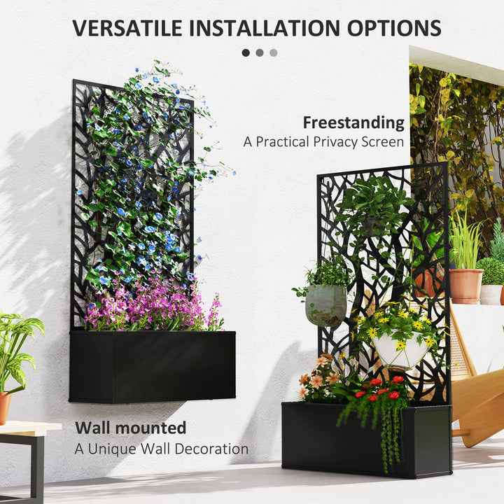 Outdoor Metal Planter, with Back Trellis - Black
