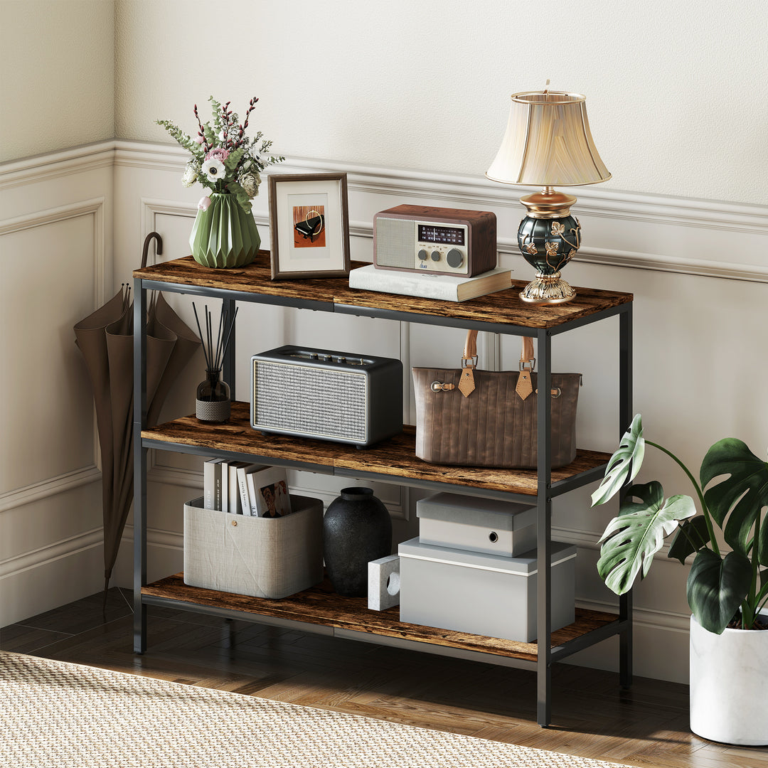 3-Tier Console Table with Storage Shelves - Rustic Brown