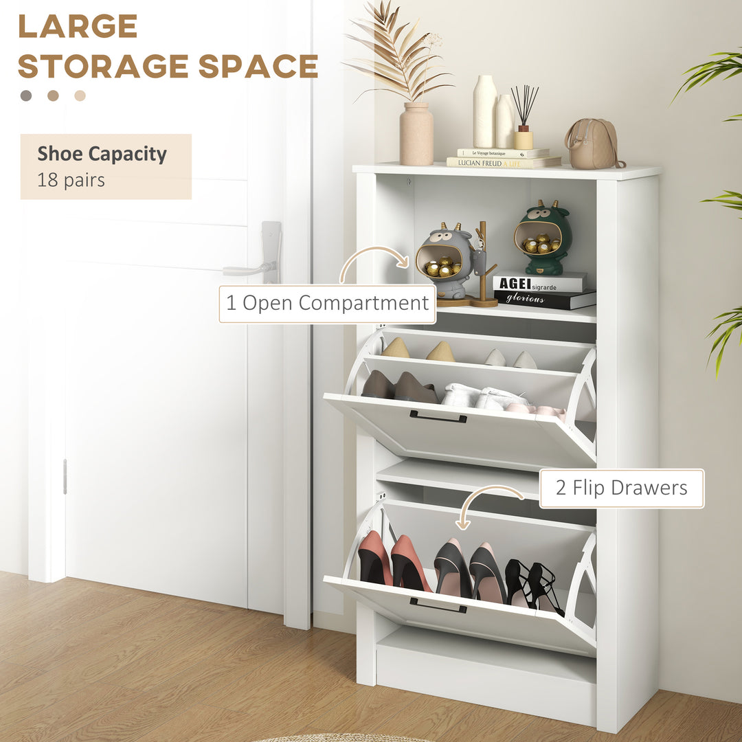 Modern Shoe Cabinet with 2 Flip Drawers and Adjustable Shelves, Narrow Shoe Storage Cabinet with Open Compartment, Holds 10 Pairs for Entryway, Hallway, White