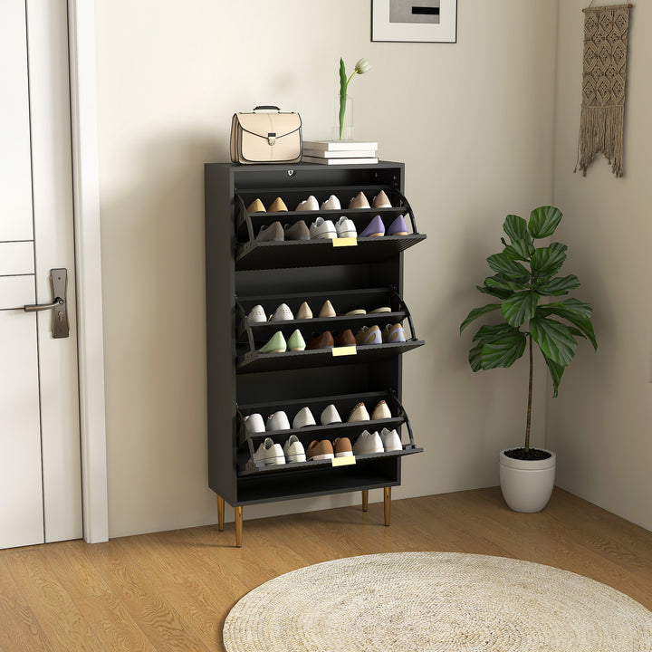 Narrow Shoe Cabinet with 3 Flip Drawers - Black