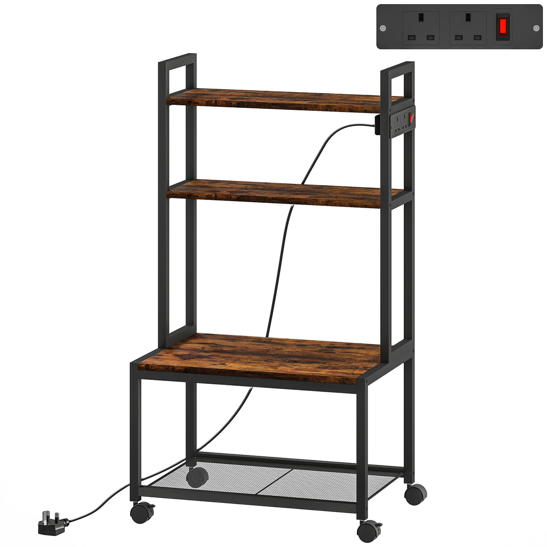 4-Tier Printer Stand with Power Outlets and Wheels - Rustic Brown