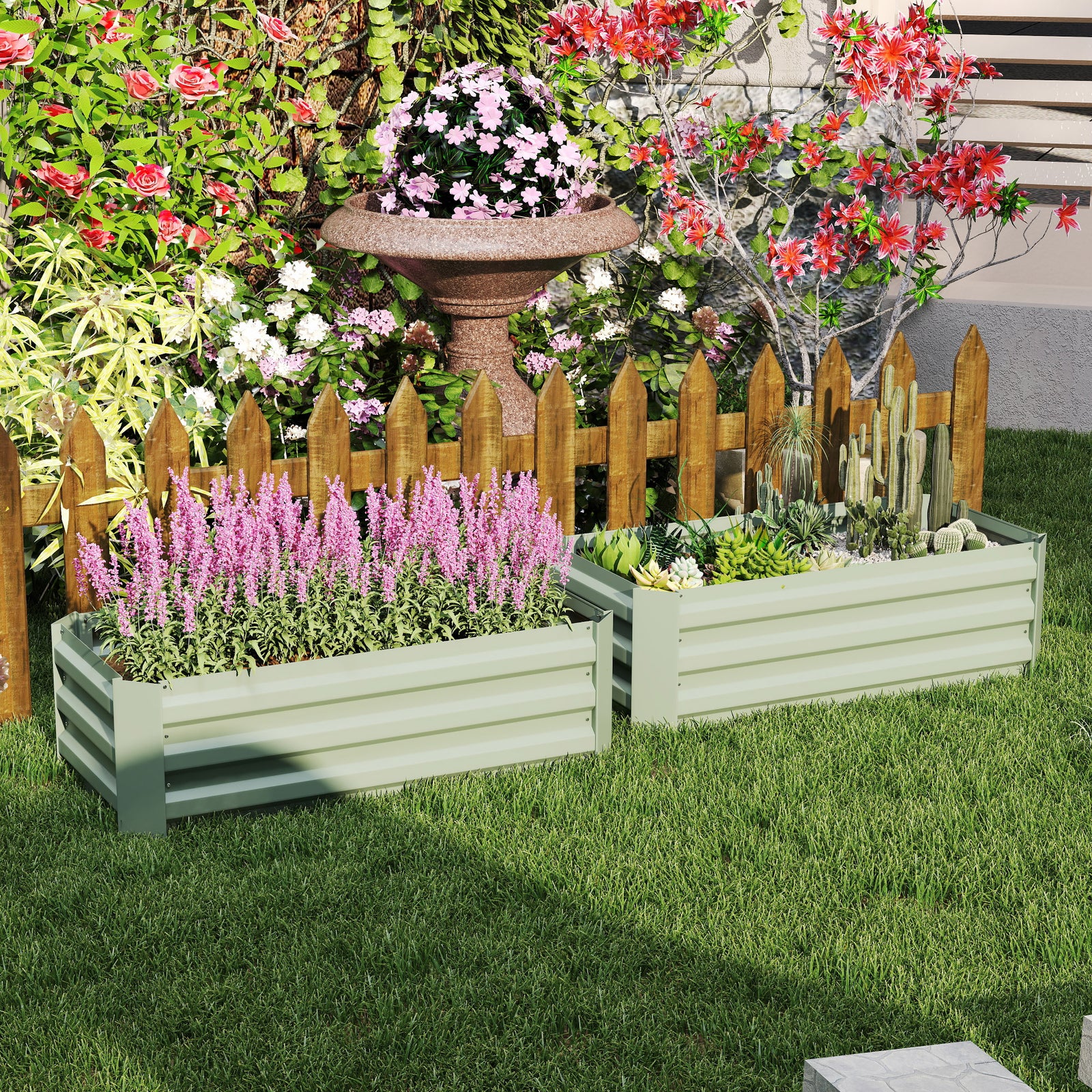 Set of 2 291L Raised Garden Bed, Elevated Galvanised Planter Box for Flowers, Herbs, 100x100x30cm, Green