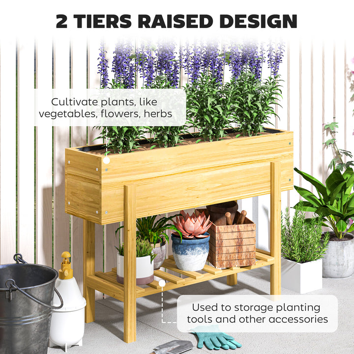 Wooden Raised Garden Bed, Elevated Planter Box with Bed Liner, Drainage Holes and Storage Shelf, Raised Planter for Vegetables, Flowers, Herbs, 100 x 30 x 71 cm, Natural Wood Finish
