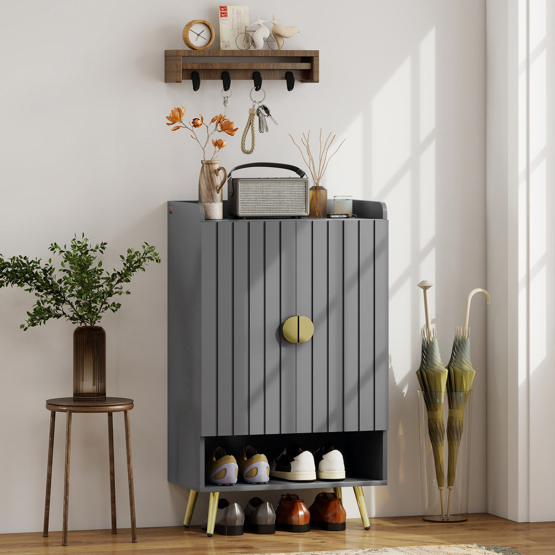 Modern Shoe Cabinet with 2 Doors, Open Shelf and Adjustable Shelves, 15 Pair Hallway Shoe Cupboard, Entryway Storage Unit, Grey