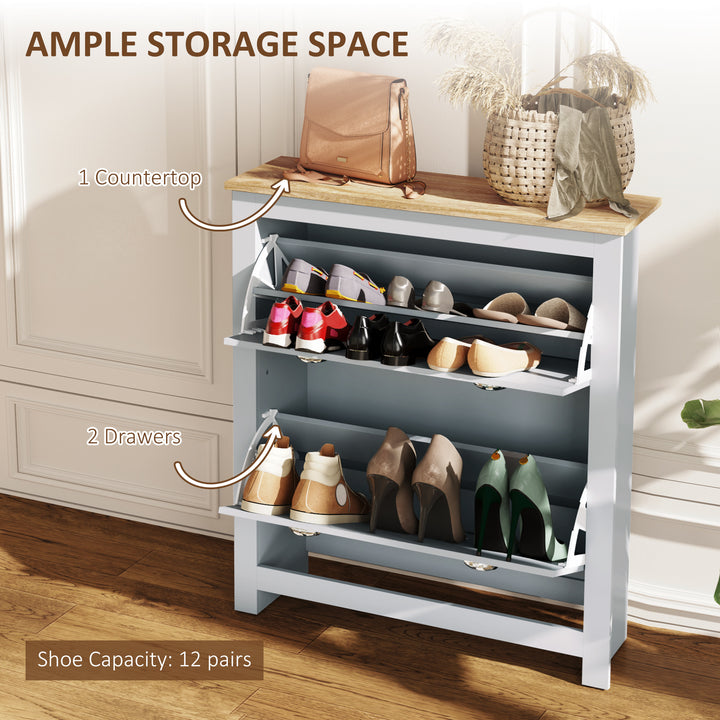 2 Drawer Shoe Cabinet Modern Narrow Shoe Cupboard Hallway Wooden Storage Organiser with Flip Doors Adjustable Shelf for 6-12 Pairs, Grey