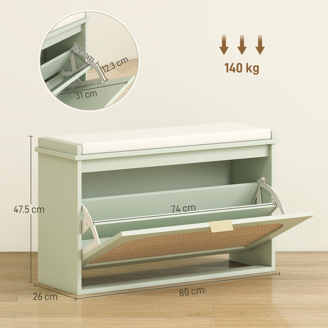 Boho Shoe Bench with Padded Seat and Flip-Drawer - Light Green
