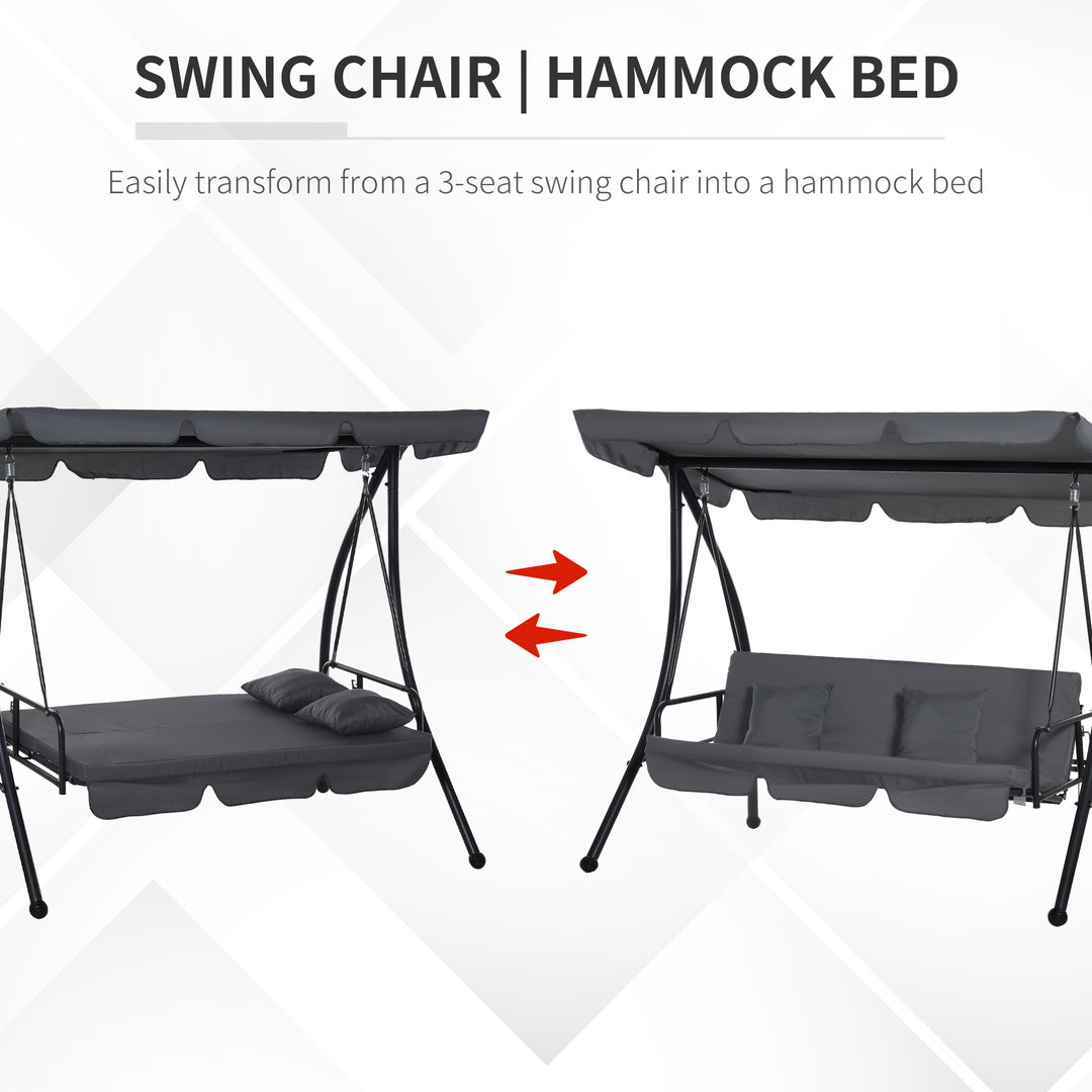 Outdoor 2-in-1 Swing Chair Lounger 3 Seater Garden Swing Seat Bed Convertible Tilt Canopy W/ Cushion, Dark Grey