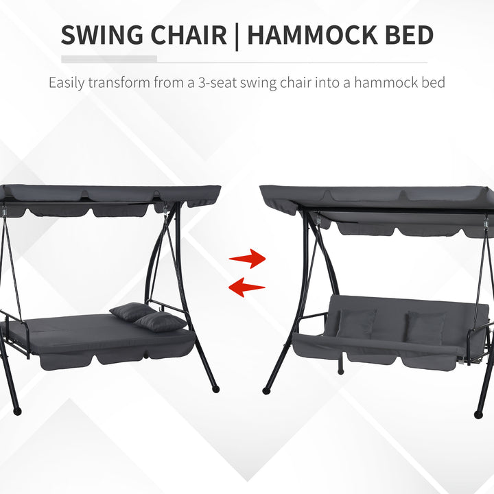 Outdoor 2-in-1 Swing Chair Lounger 3 Seater Garden Swing Seat Bed Convertible Tilt Canopy W/ Cushion, Dark Grey