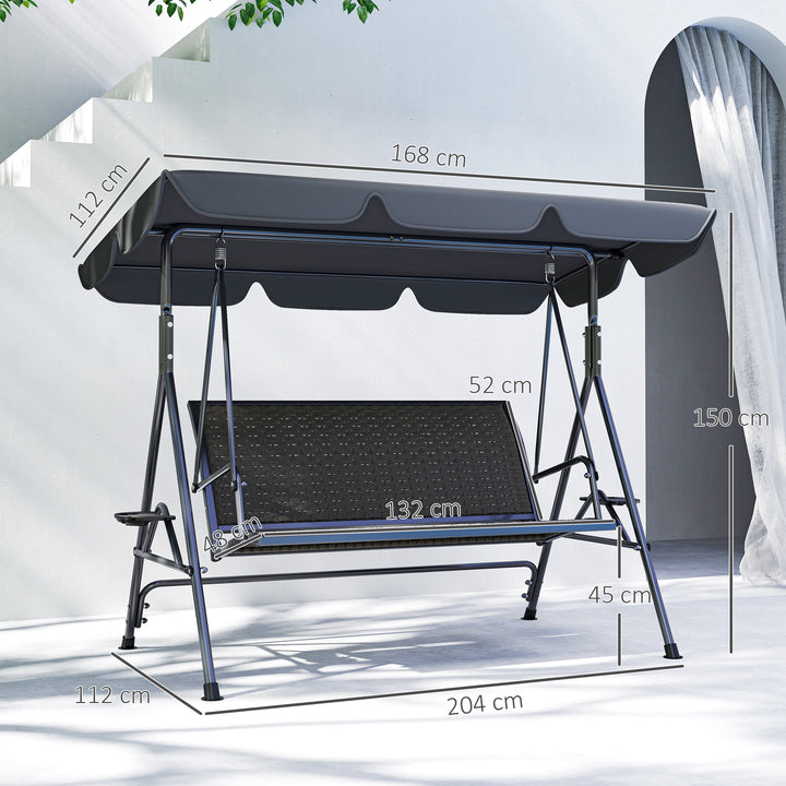 3 Seater Swing Chair, Garden Swing Seat Bench with Adjustable Canopy, Rattan Seat and Steel Frame for Patio, Yard, Grey