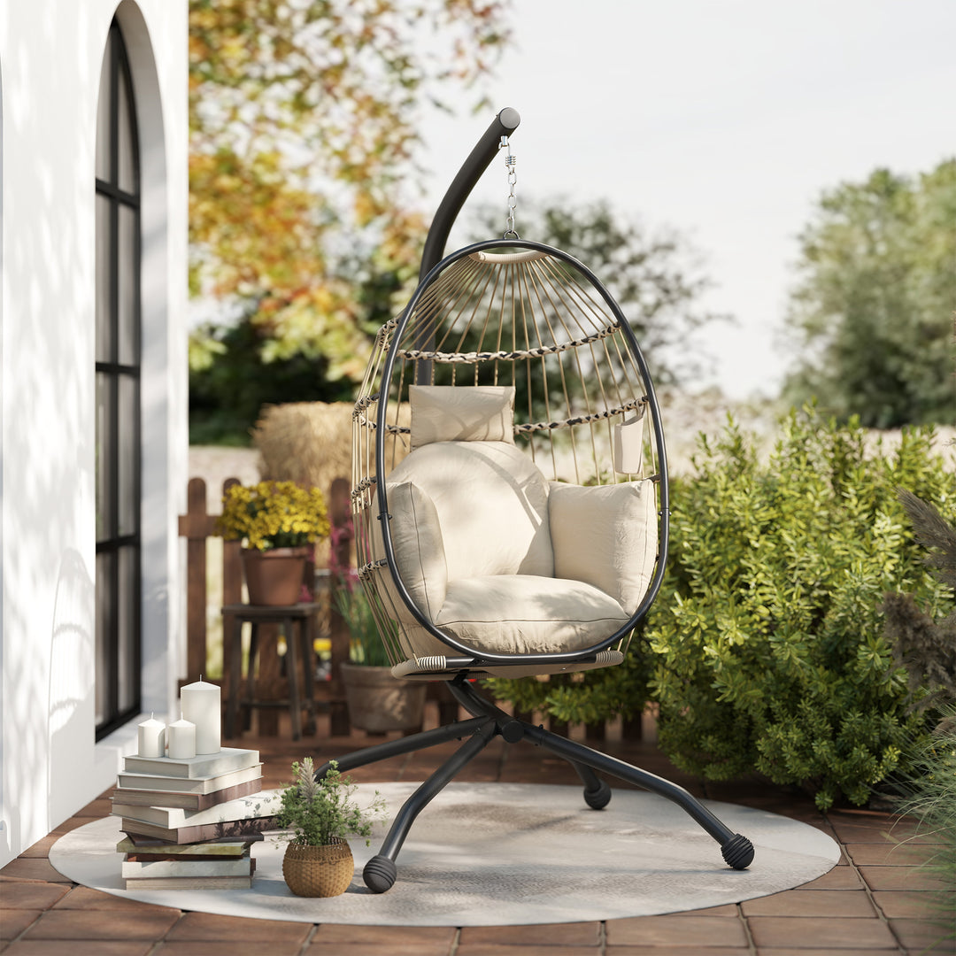 Hanging Egg Chair Outdoor Indoor Garden Swing Chair with Folding Basket and Thickened Cushion, Garden Hanging Chair with Stand, Headrest, Cup Holder for Patio, Balcony, Khaki