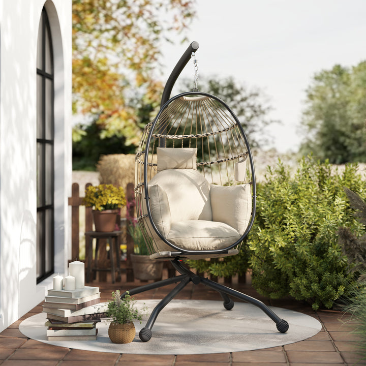 Hanging Egg Chair Outdoor Indoor Garden Swing Chair with Folding Basket and Thickened Cushion, Garden Hanging Chair with Stand, Headrest, Cup Holder for Patio, Balcony, Khaki