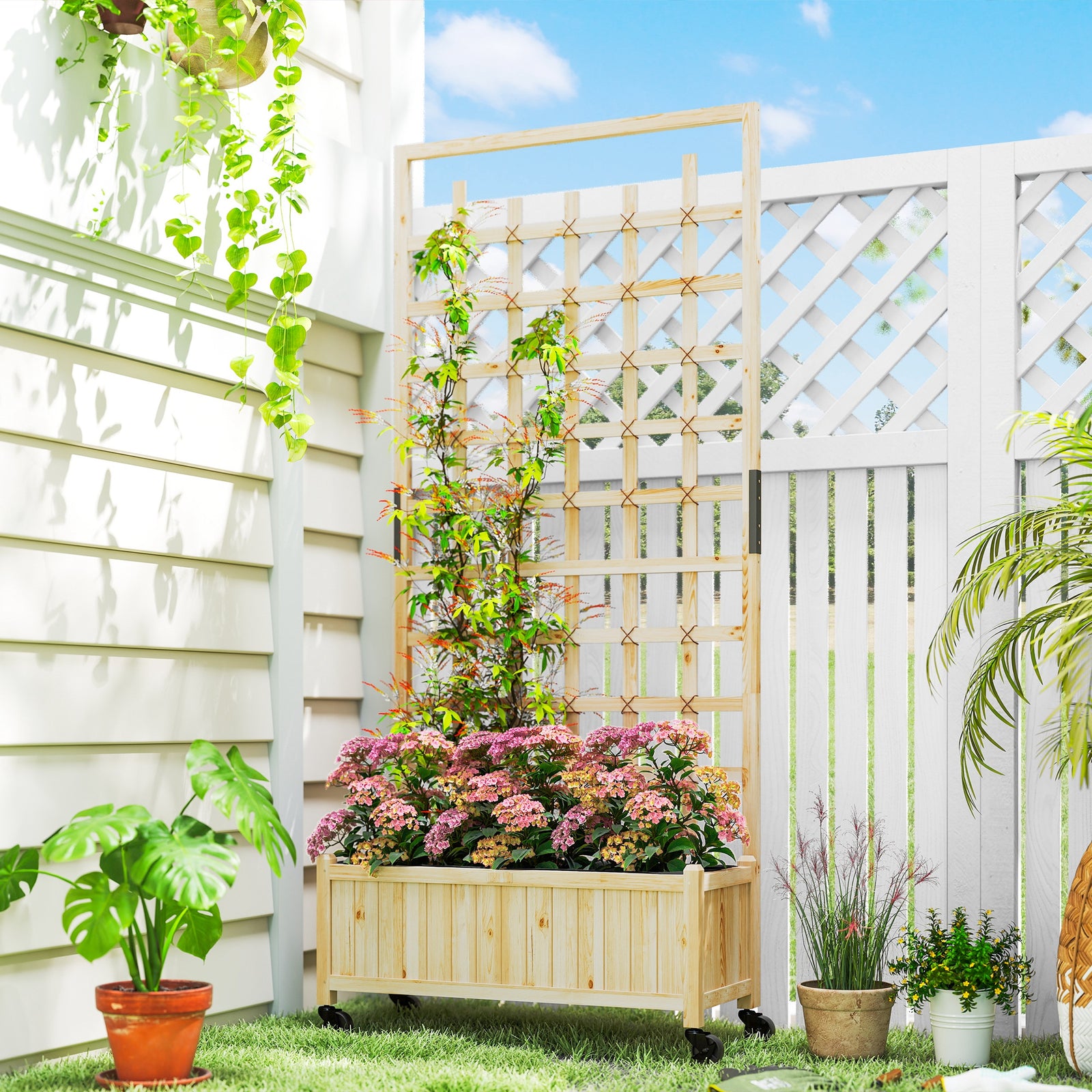 Wooden Trellis Planter, Raised Garden Bed with Wheels, to Climb and Grow Vegetables, Herbs and Flowers, Natural