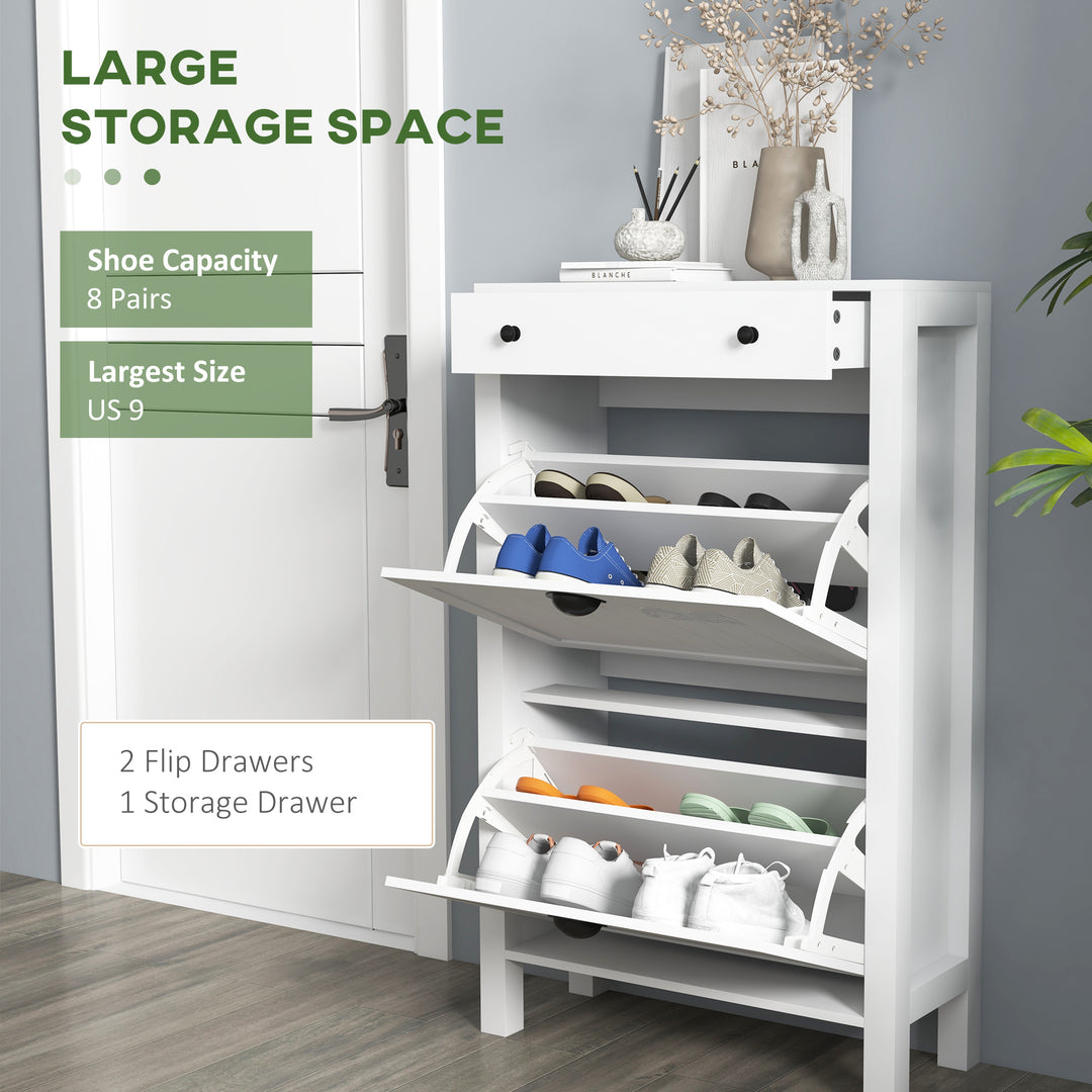 Narrow Shoe Cabinet with 2 Flip Drawers and Adjustable Shelves, White