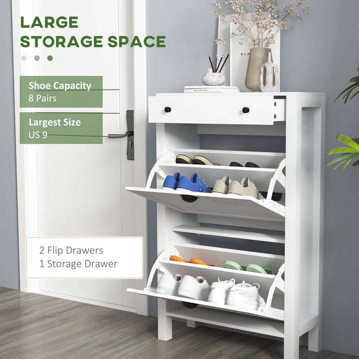 Narrow Shoe Cabinet with 2 Flip Drawers and Adjustable Shelves, White