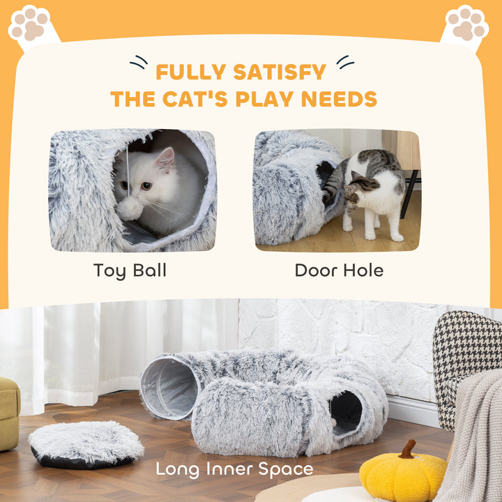 PawHut 2-in-1 Donut Cat Tunnel with Washable Bed, Play Tunnel Bed with Toy Ball and Door Hole for Indoor Cats, Light Grey