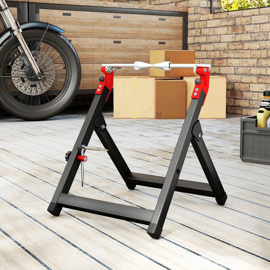 Foldable Motorcycle Wheel Balancer Truing Stand with Spoke Wrench, Steel Bike Tyre Rim Balancing Stand with Aluminium Shaft, Fits Wheels up to 23" in Diameter, 5" in Width, Black