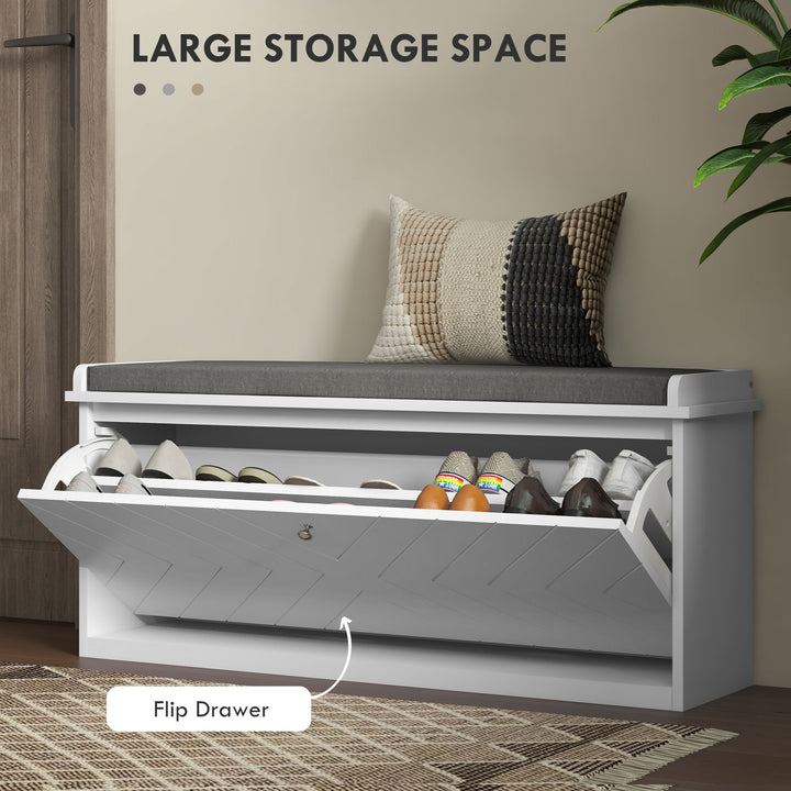 10-Shoe Storage Bench, with Padded Top Seat - White/Grey
