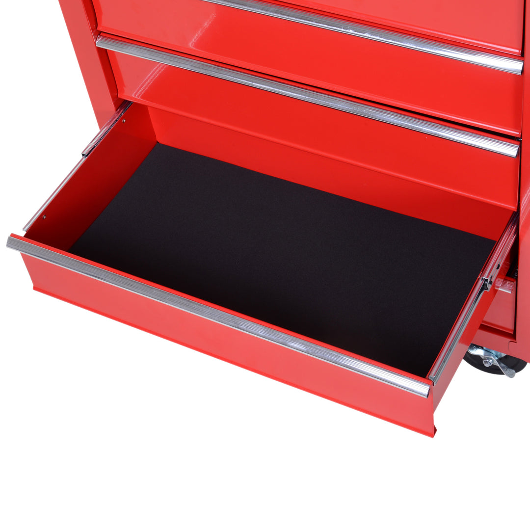 5-Drawer Lockable Tool Storage Cabinet with Wheels, Handle, 2 Keys, Steel Home Work DIY Workshop Chest, Garage Equipment Trolley, Red