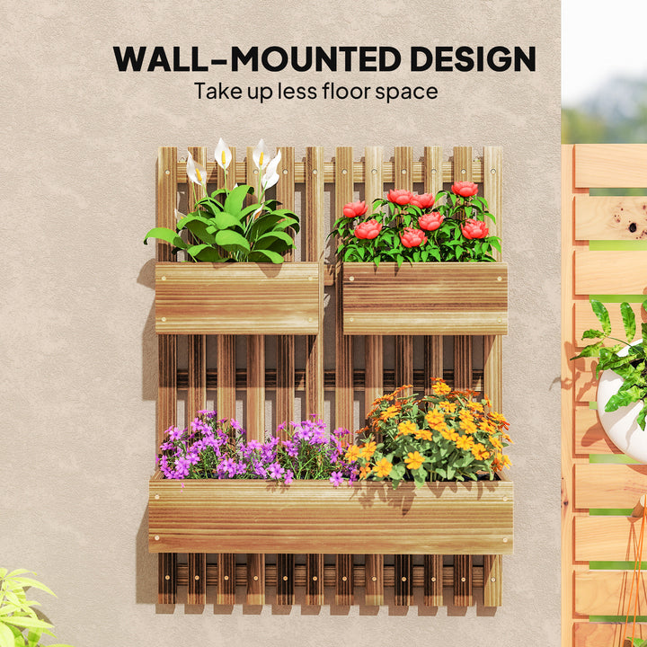 Wall-mounted Wooden Garden Planters with Trellis, Drainage Holes and 3 Planter Boxes for Patio, Carbonised