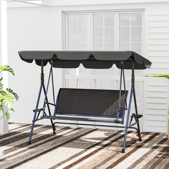 3 Seater Swing Chair, Garden Swing Seat Bench with Adjustable Canopy, Rattan Seat and Steel Frame for Patio, Yard, Grey