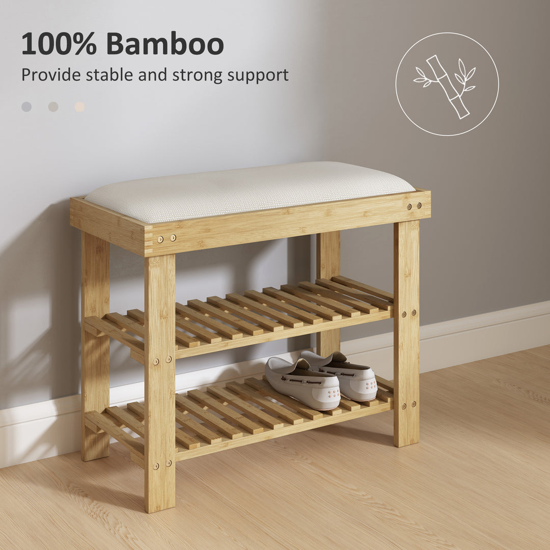 Bamboo Shoe Storage Bench, 3-Tier Shoe Bench with Seat Cushion, Shoe Rack for Entryway, Hallway, Living Room, Bedroom, Cream White