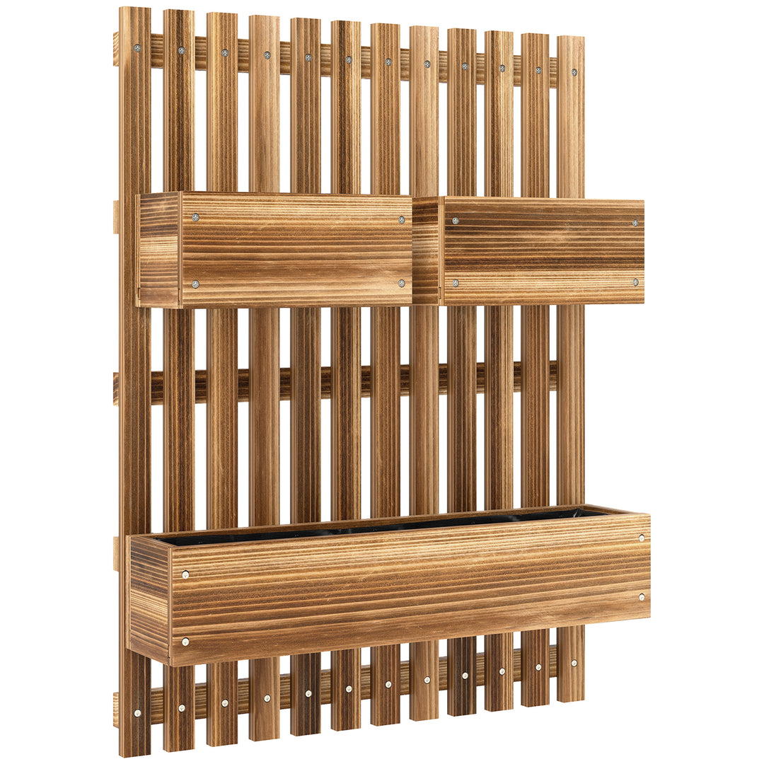 Wall-mounted Wooden Garden Planters with Trellis, Drainage Holes and 3 Planter Boxes for Patio, Carbonised