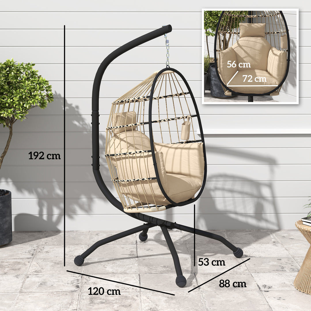 Hanging Egg Chair Outdoor Indoor Garden Swing Chair with Folding Basket and Thickened Cushion, Garden Hanging Chair with Stand, Headrest, Cup Holder for Patio, Balcony, Khaki