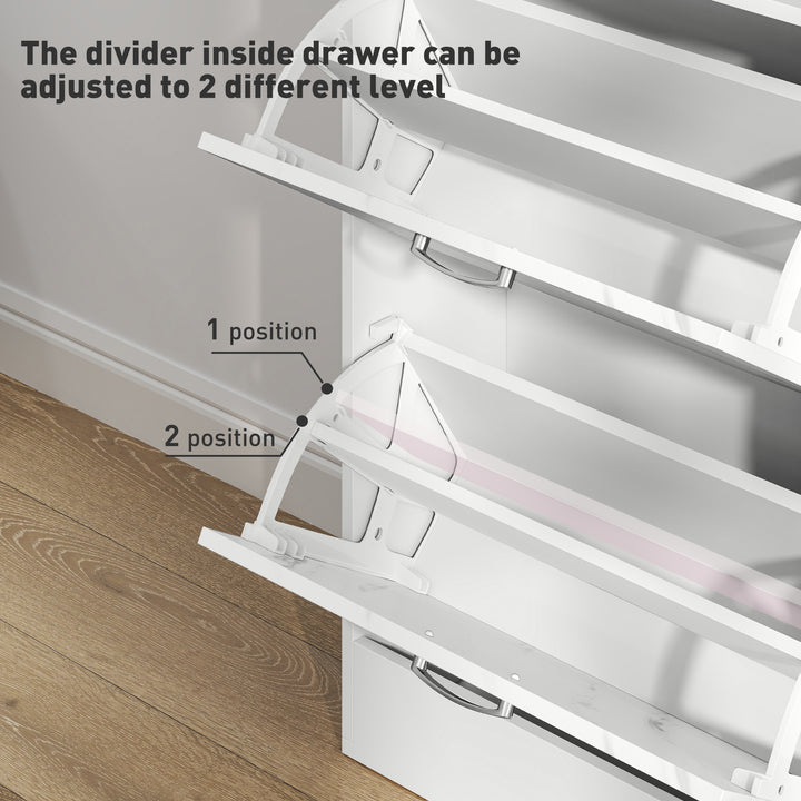 Marble Shoe Storage Cabinet with 3 Flip Drawers, Hallway Cabinet with Top Drawer and Adjustable Shelves, Shoe Cupboard for 18 Pairs, White