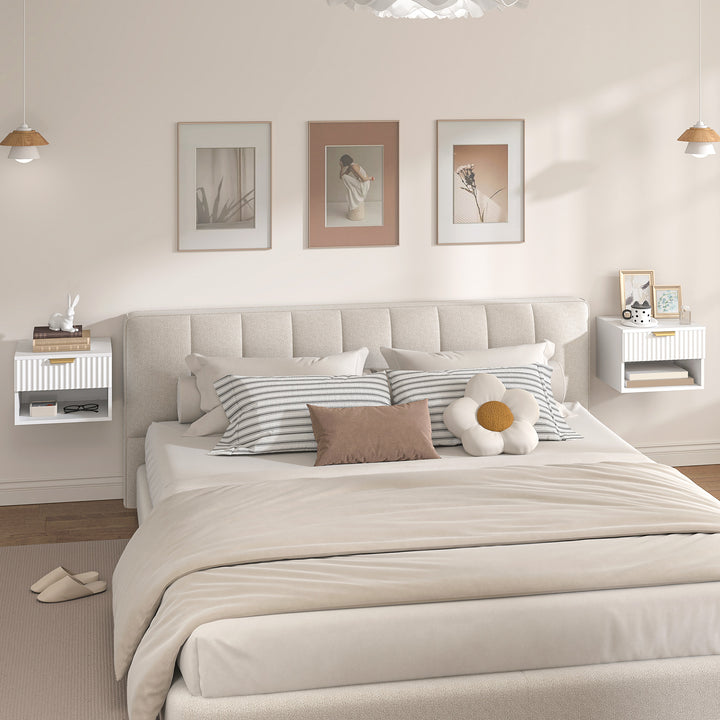 MCL Floating Nightstands Set of 2, Modern Wall Mounted Bedside Tables with Fluted Drawer and Open Shelf for Bedroom, White