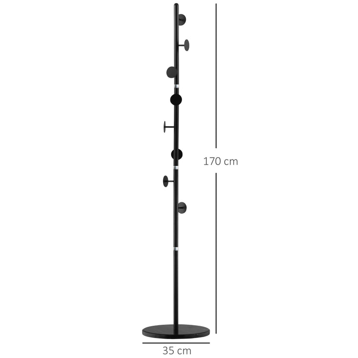 Coat Rack Free Standing Hall Tree with 8 Round Disc Hooks for Clothes, Hats,Purses, Steel Entryway Coat Stand with Marble Base for Entryway, Living Room, Bedroom, Black