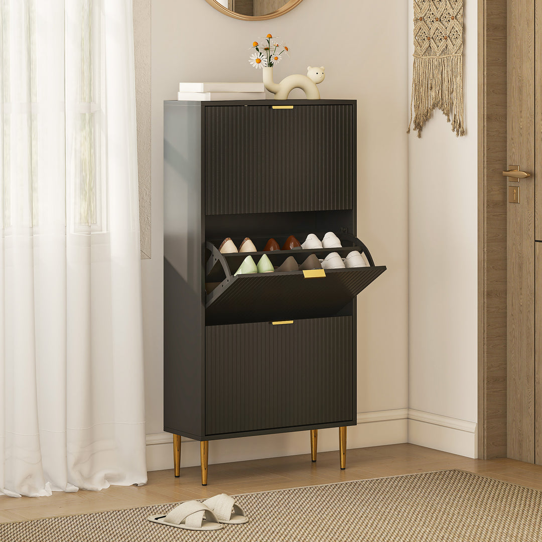 Narrow Shoe Cabinet with 3 Flip Drawers - Black