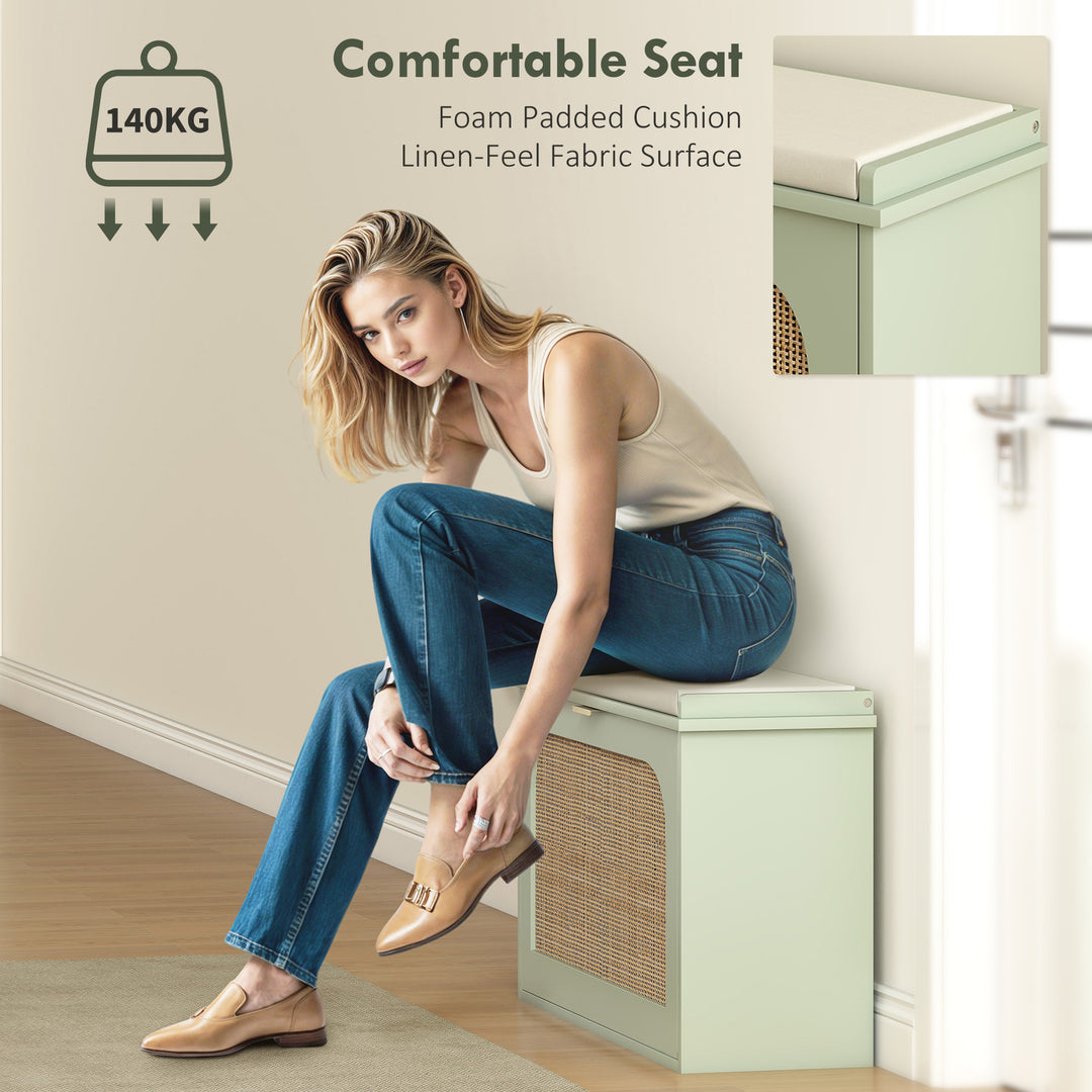 Boho Shoe Bench with Padded Seat and Flip-Drawer - Light Green