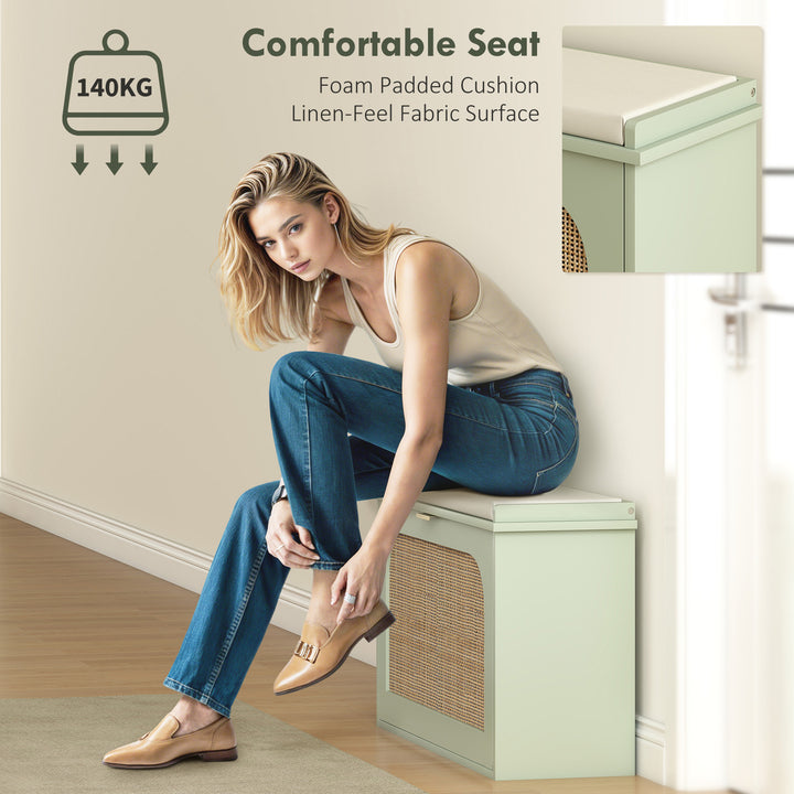 Boho Shoe Bench with Padded Seat and Flip-Drawer - Light Green