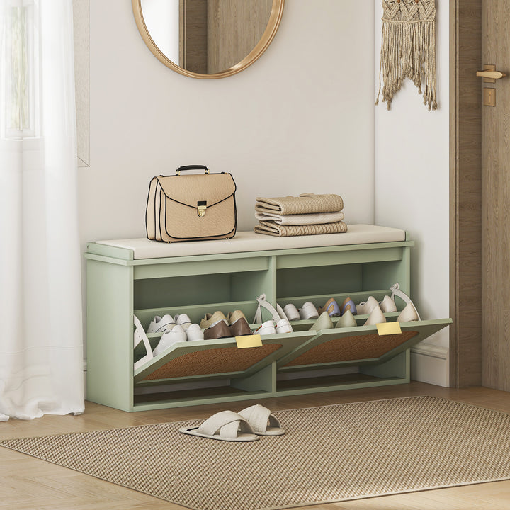 Boho Shoe Bench with Padded Seat and 2 Flip-Drawers - Light Green