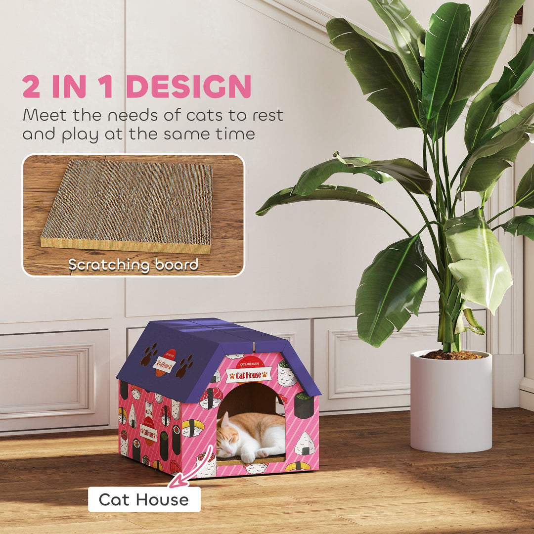 PawHut Cat Scratching Board, 2-in-1 Cardboard Cat House and Hideaway for Indoor Cats, Pink