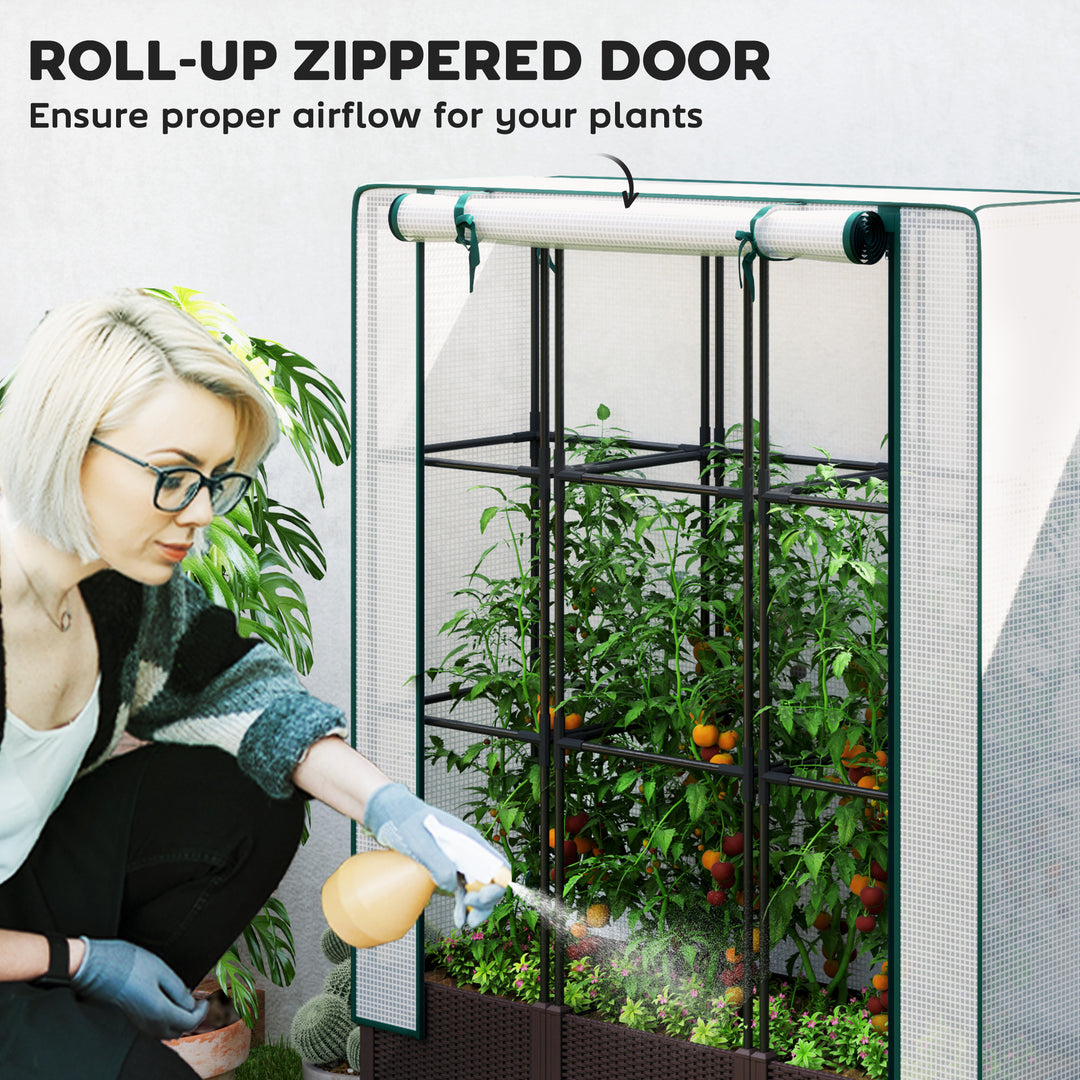 Raised Garden Bed with Trellis, Plastic Planter Box with PE Cover, Drainage Holes, Drain Plugs and Water Reservoirs for Climbing Plants, Vegetables, Flowers, 120 x 40 x 140 cm