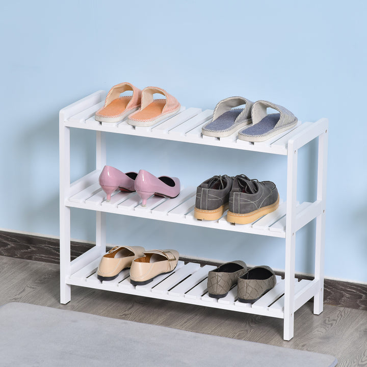 3-Tier Shoe Rack Wood Frame Slatted Shelves Spacious Open Hygienic Storage Home Hallway Furniture Family Guests 70L x 26W x 57.5H cm - White