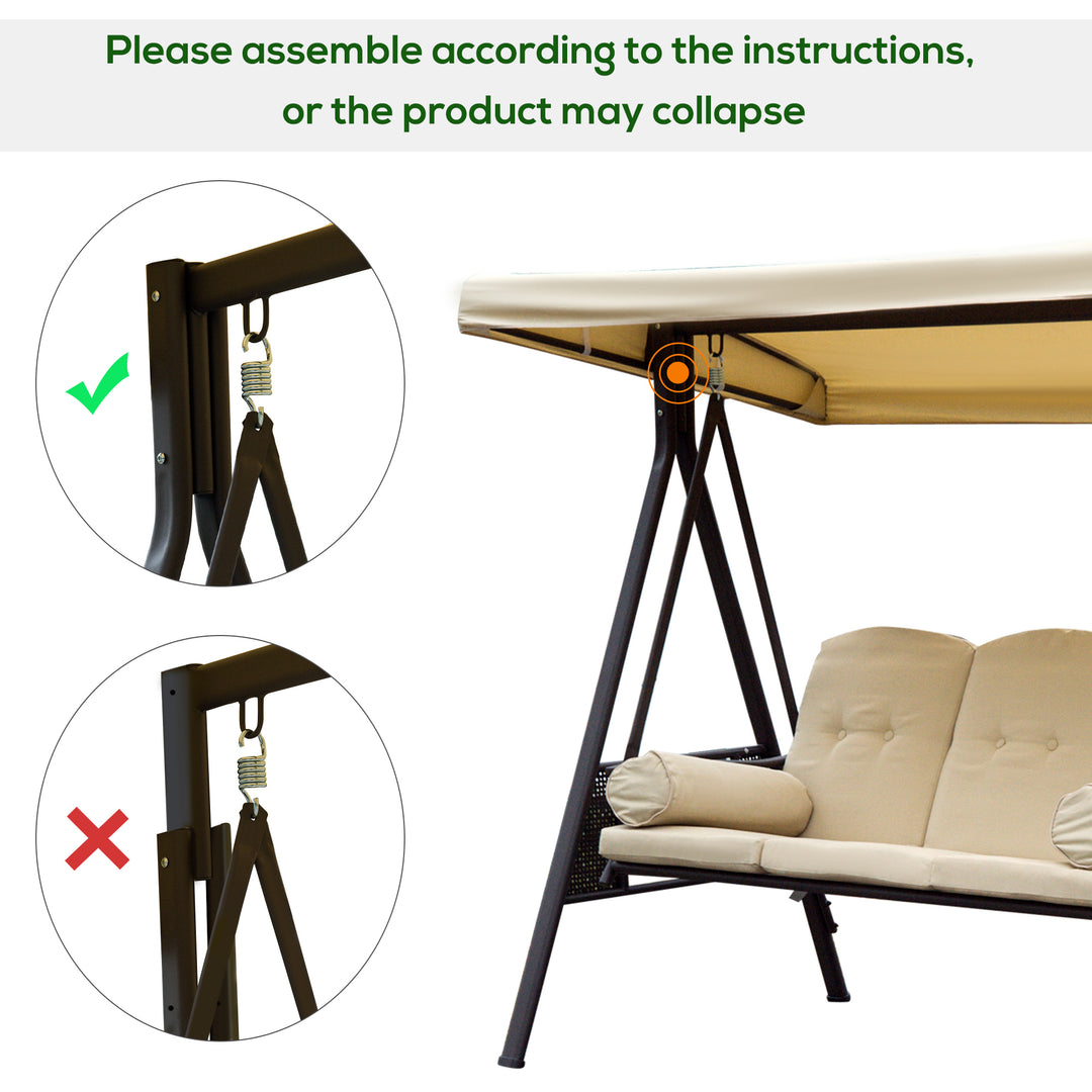 Swing Chair Hammock Chair 3 Seater Canopy Cushion Shelter Outdoor Bench Steel Beige