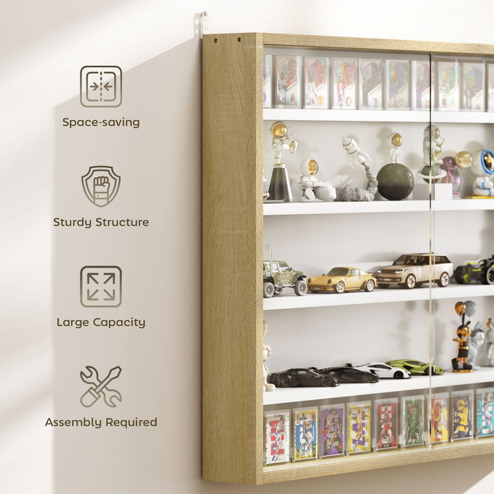 5-Tier Wall Display Shelf Unit Cabinet w/ 4 Adjustable Shelves Glass Doors Home Office Ornaments 60x80cm Natural