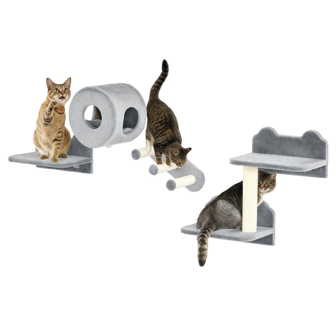 PawHut 4PCs Wall-Mounted Cat Tree, with Steps, Perch, Cat House - Grey