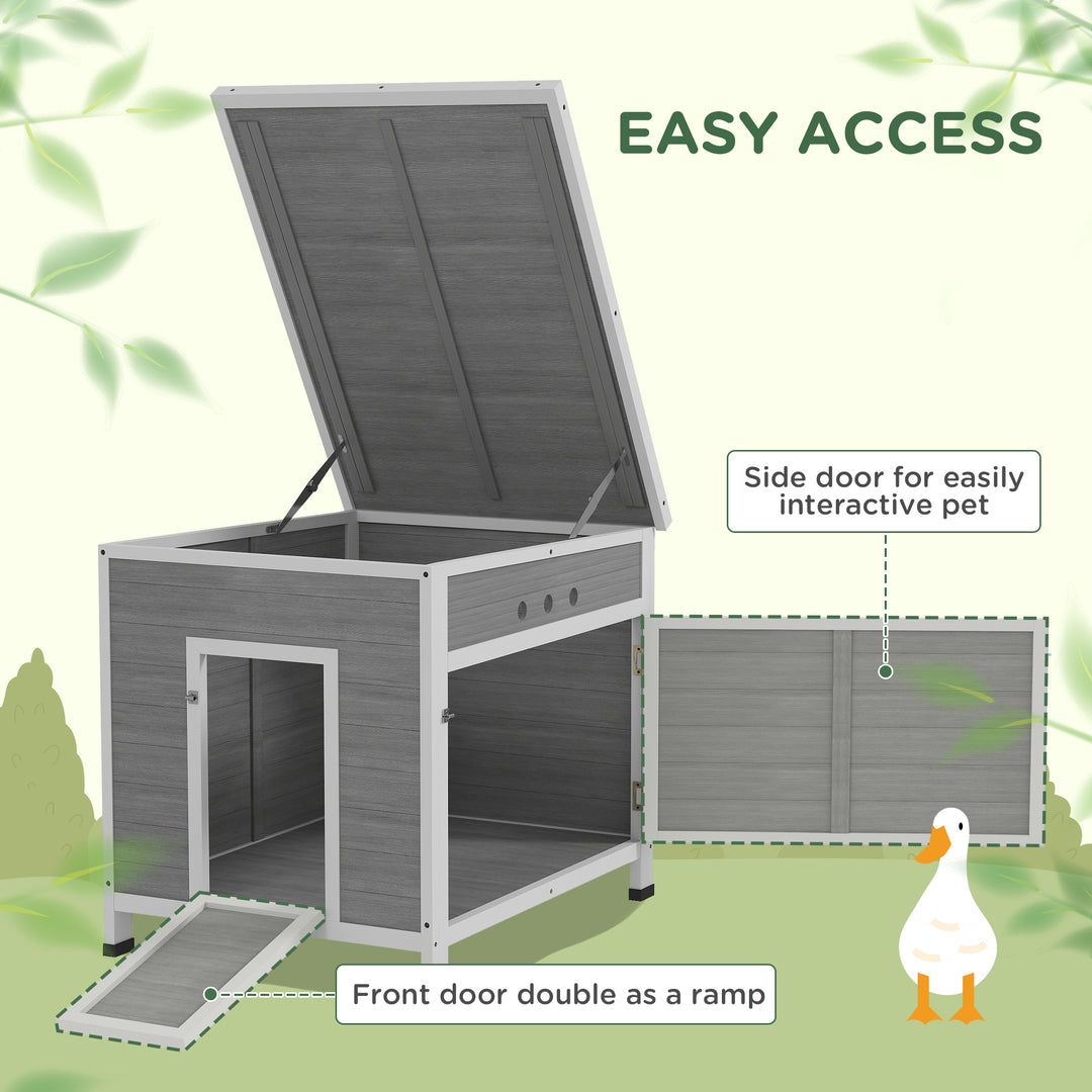 PawHut Wooden Duck House with Ramp, Double Doors, Openable Asphalt Roof, Ventilation Holes, Removable Base, Light Grey