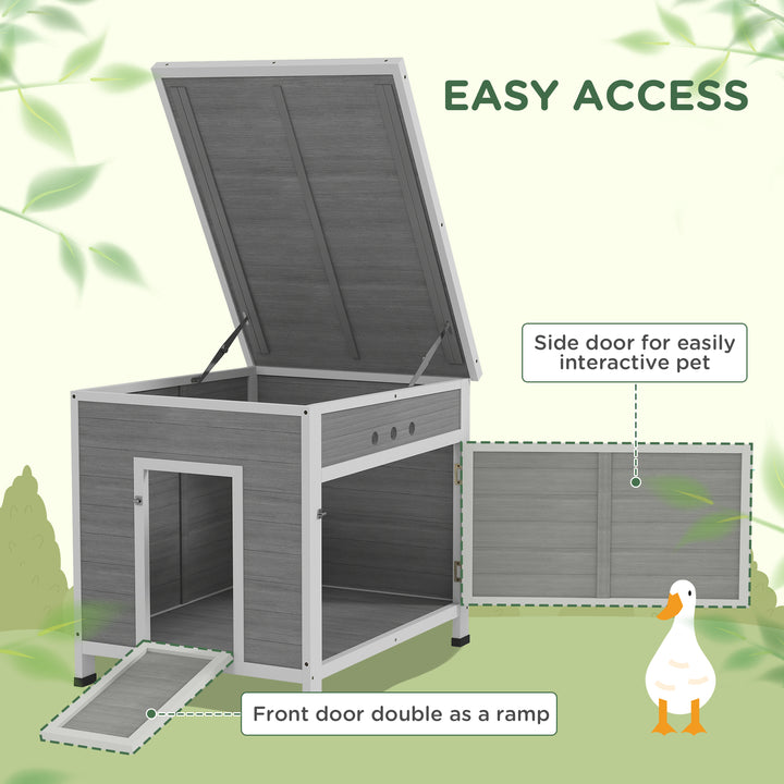 PawHut Wooden Duck House with Ramp, Double Doors, Openable Asphalt Roof, Ventilation Holes, Removable Base, Light Grey