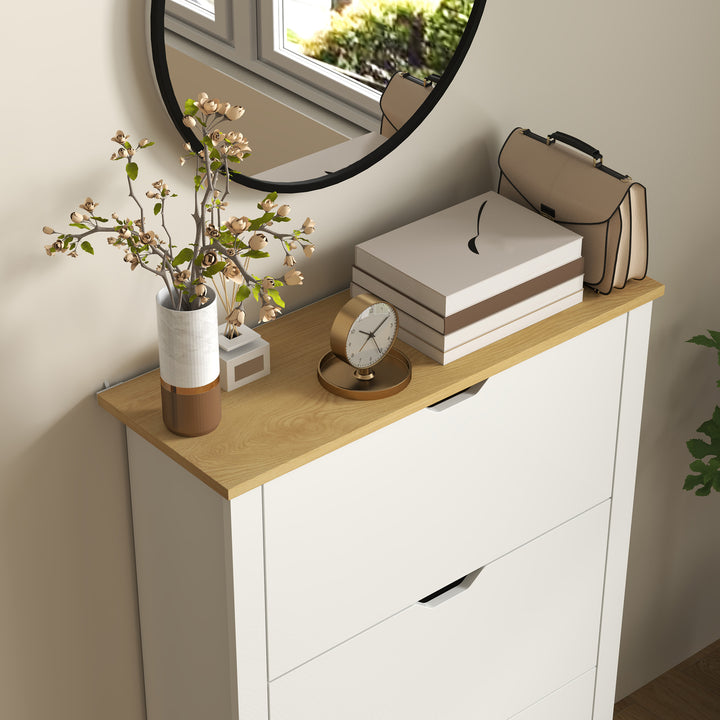 MCL Slim Shoe Cabinet, Narrow Shoe Cupboard with 3 Flip Drawers, Adjustable Shelves for 18 Pairs of Shoes, High Gloss White