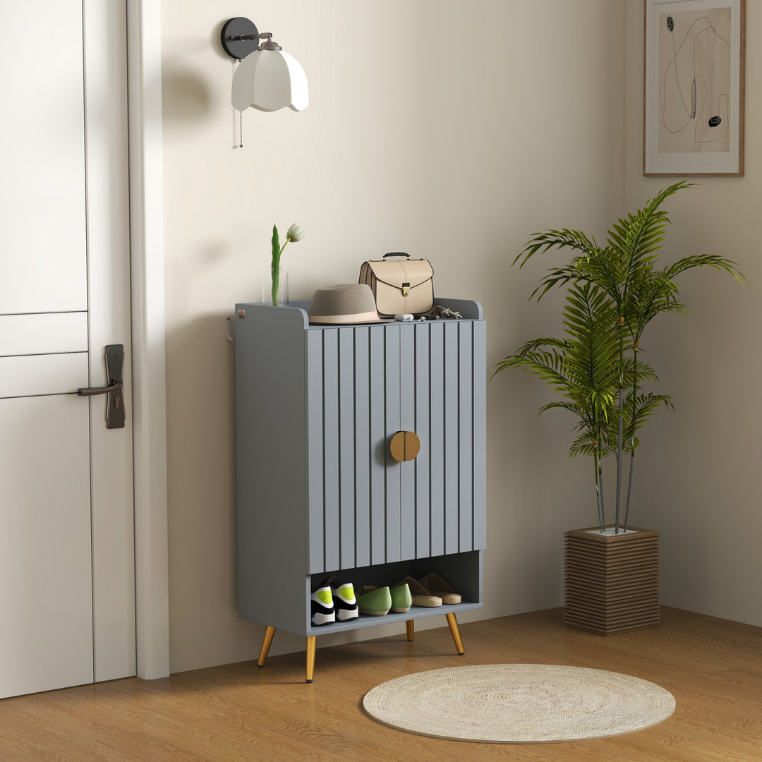 Modern Shoe Cabinet with 2 Doors, Open Shelf and Adjustable Shelves, 15 Pair Hallway Shoe Cupboard, Entryway Storage Unit, Light Grey